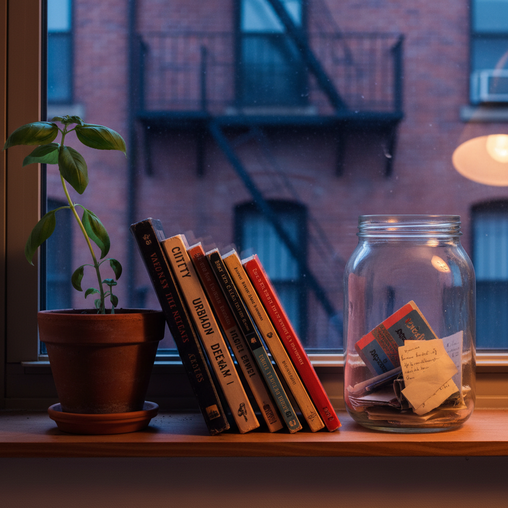 A narrow windowsill hosts a tiny, overstuffed still life: a stubby terracotta pot with a slightly crooked herb plant, a leaning stack of mismatched paperback books, and a translucent glass jar half-filled with metro tickets and torn page corners. Outside, only the abstract geometry of fire escapes and brick facades is visible, softly blurred. Early evening blue hour light seeps in, cool and gentle, while a warm, amber desk lamp just out of frame casts a cozy glow on the books’ spines and the jar’s edges, creating a subtle color contrast. Photographic realism, shot at eye level using the rule of thirds, with the jar in sharp focus. The mood is introspective yet playful, suggesting dispatches gathered at day’s end.