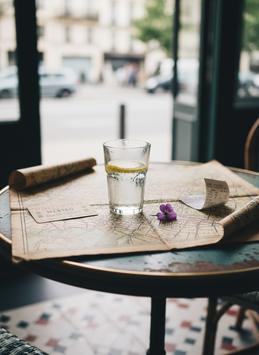A vintage city map, edges frayed and corners curled, is spread across a tiny round café table with chipped teal paint. On top sits a clear glass of sparkling water with a single lemon slice, beads of condensation creating tiny reflective prisms. A metro ticket, a pressed wildflower, and a scribbled-on receipt are tucked into different folds. Soft, overcast daylight filters through an unseen window, creating even, diffused illumination and gentle reflections on the glass. Shot at eye level, with photographic realism and a shallow depth of field that blurs the tiled floor and indistinct urban shapes beyond the table. The atmosphere is curious and whimsical, suggesting a playful, drifting exploration through the city.